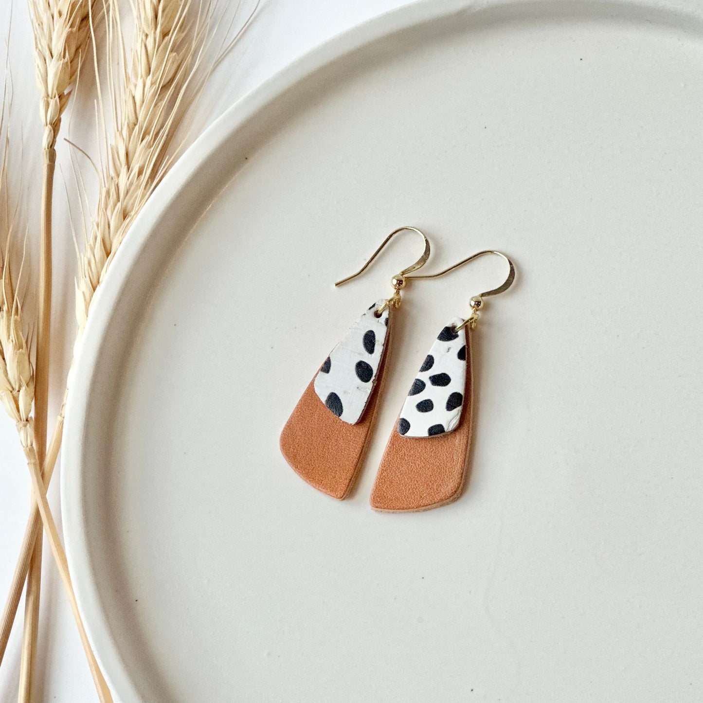 Natural Leather + Dalmatian Cork Drop Leaf Earrings