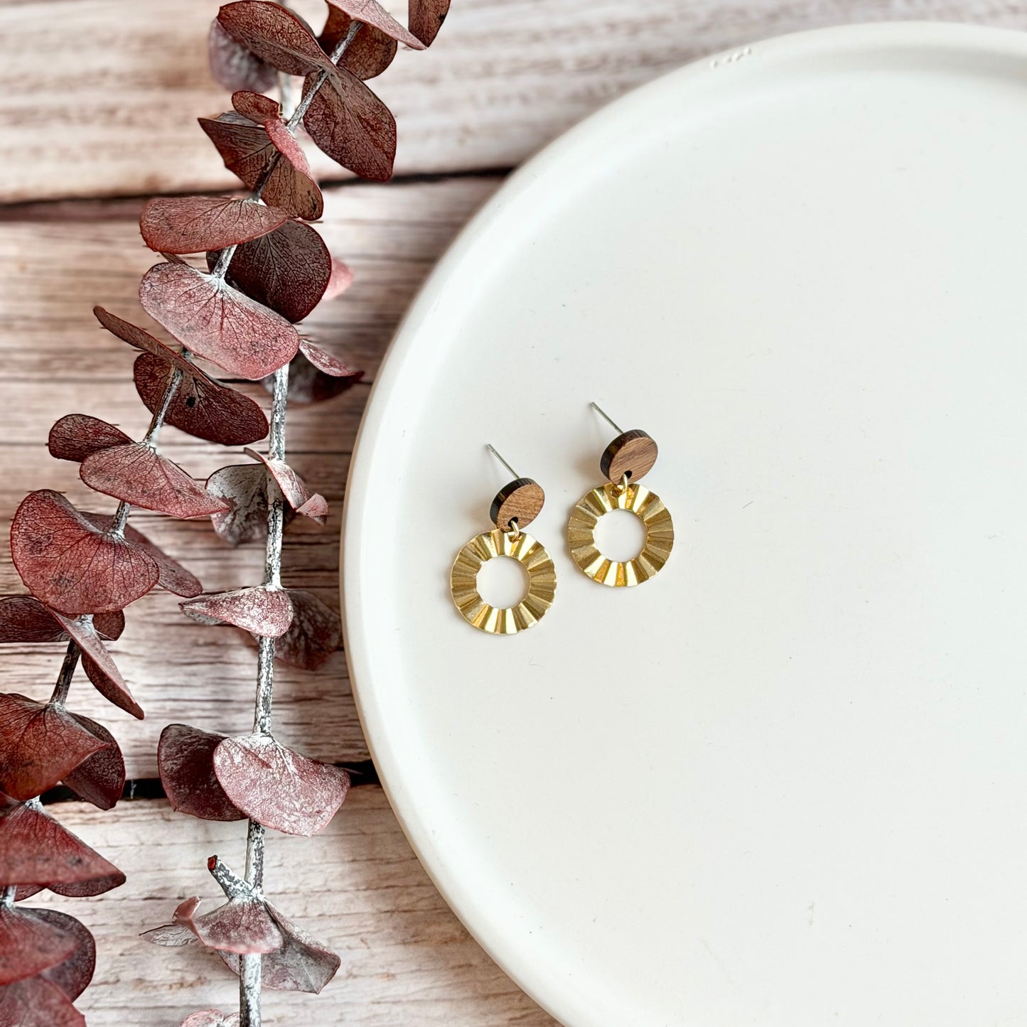 Brass Crinkle Hoop Stud Earrings