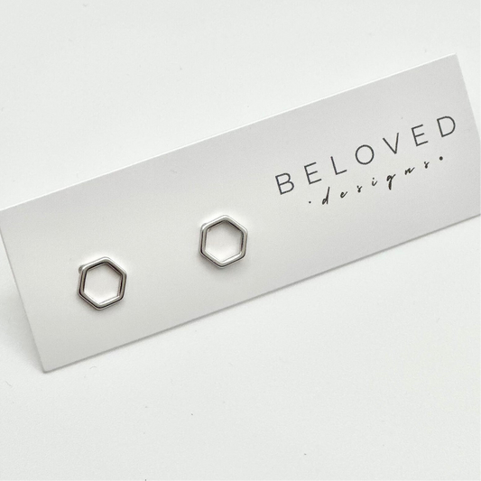 Hexagon Stud Earrings | Rhodium