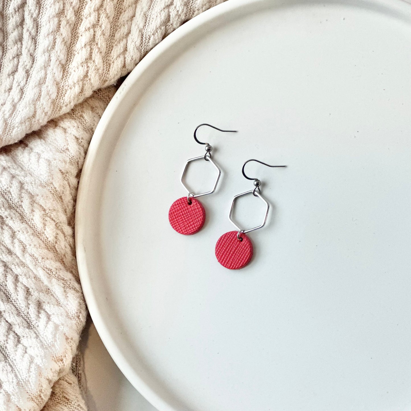 Cherry Red Leather + Hexagon Earrings