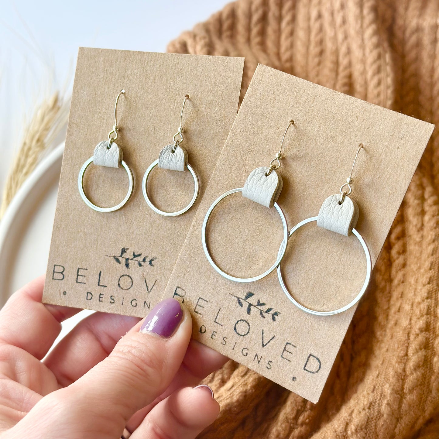 Cream Leather + Rhodium Hoop Earrings