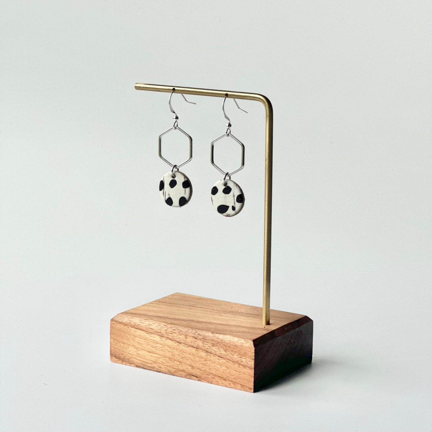 Dalmatian Cork Leather + Hexagon Earrings