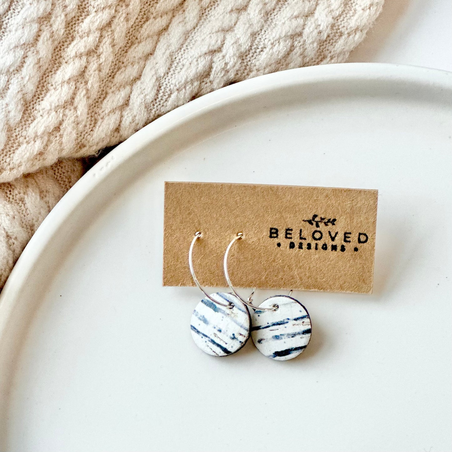 Leather Circle + Hoop Earrings - B + W Stripes