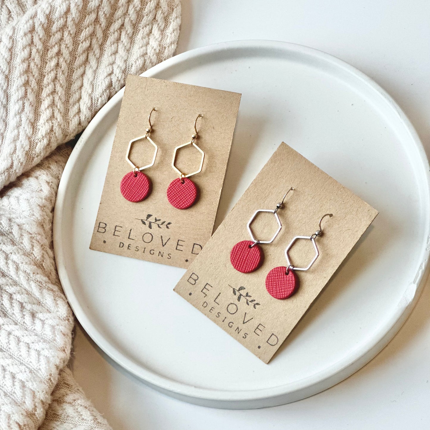 Cherry Red Leather + Hexagon Earrings