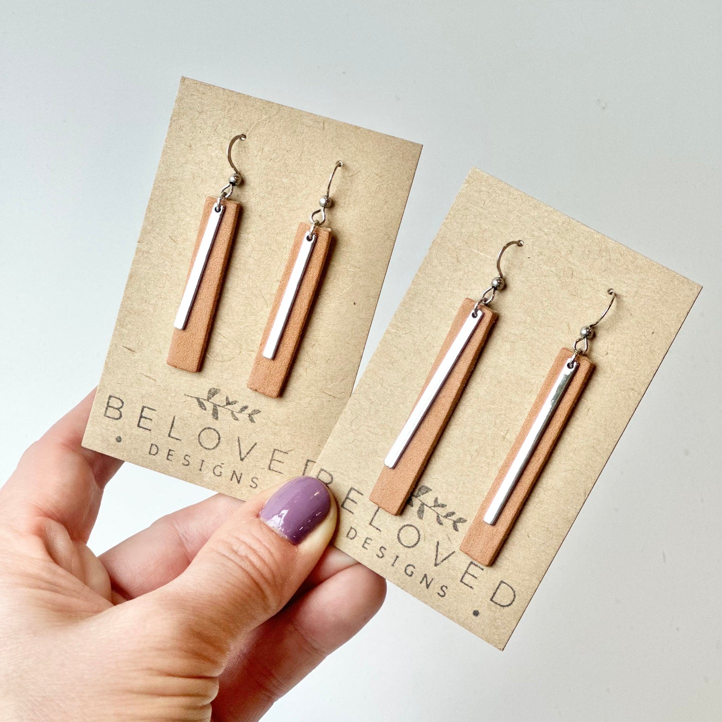 Natural Leather Bar + Rhodium Bar Earrings