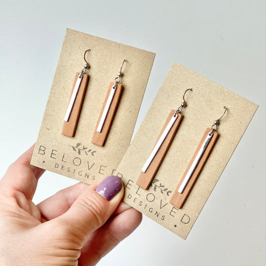 Natural Leather Bar + Rhodium Bar Earrings