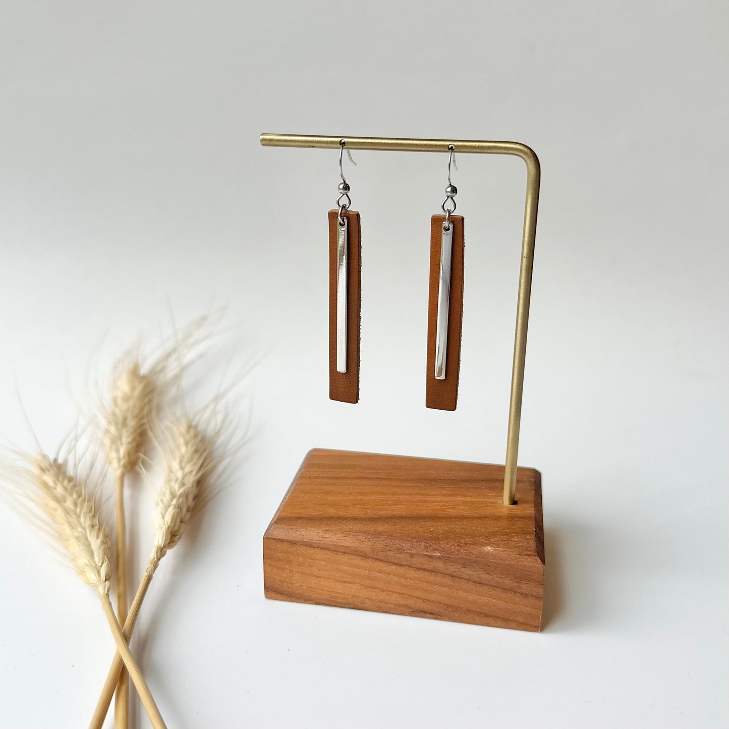 Cognac Leather Bar + Rhodium Bar Earrings