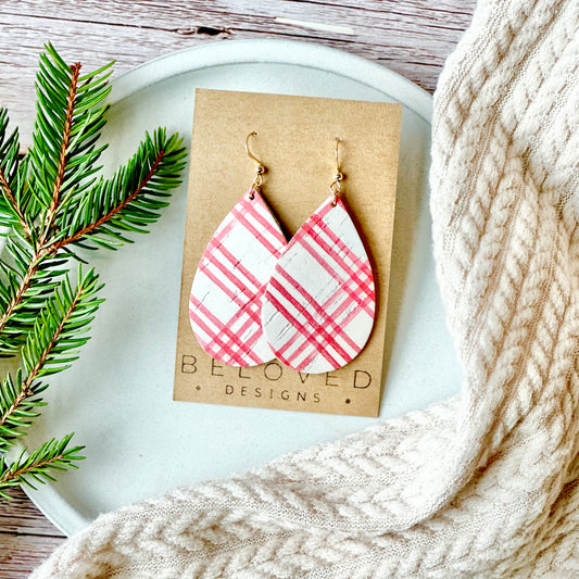 Farmhouse Plaid Cork Leather Teardrop Earrings