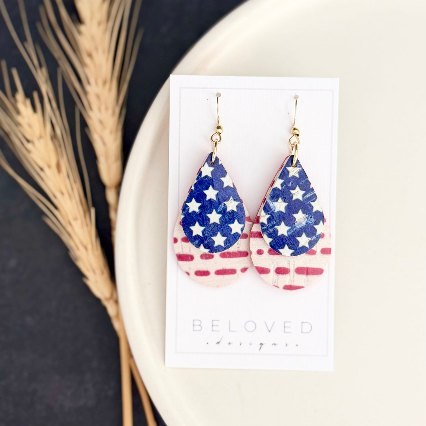 Cork Leather Double Teardrop Earrings | Stars + Dotted Stripes