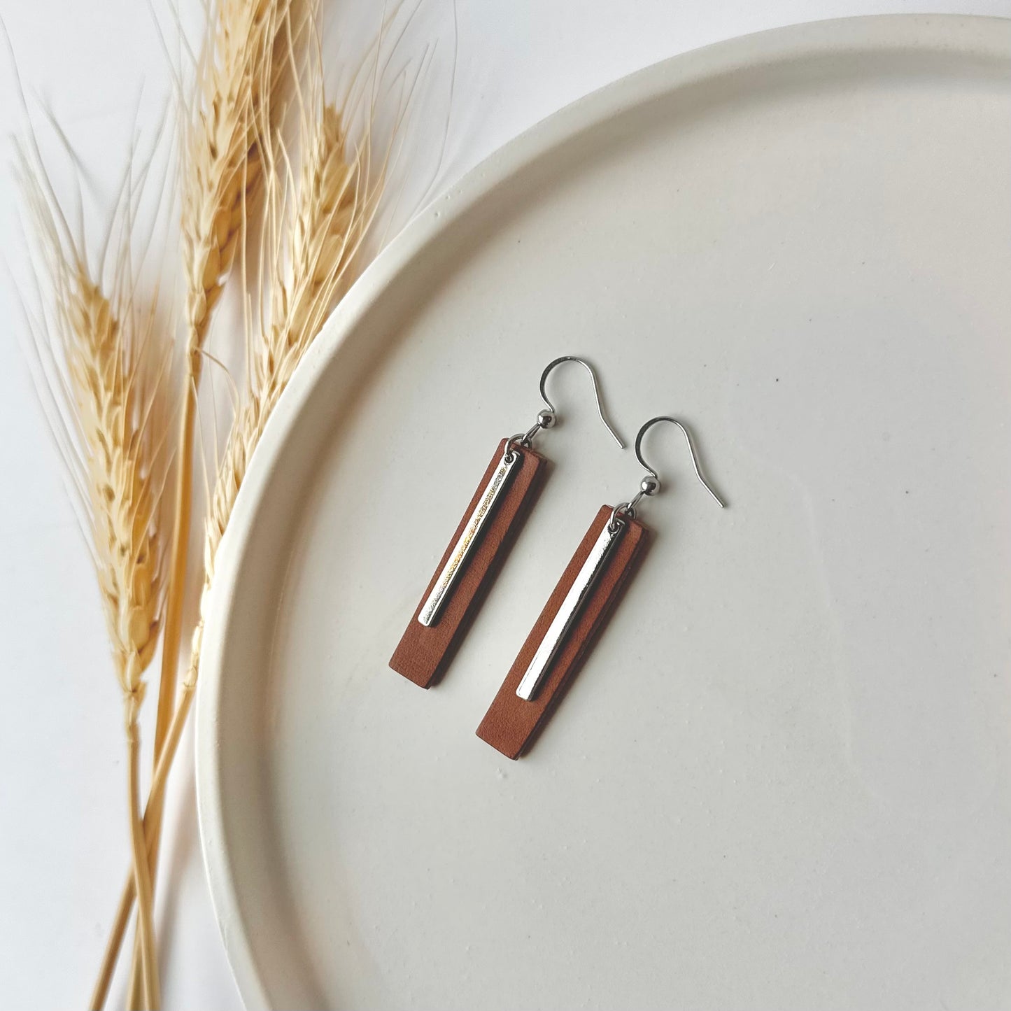 Cognac Leather Bar + Rhodium Bar Earrings