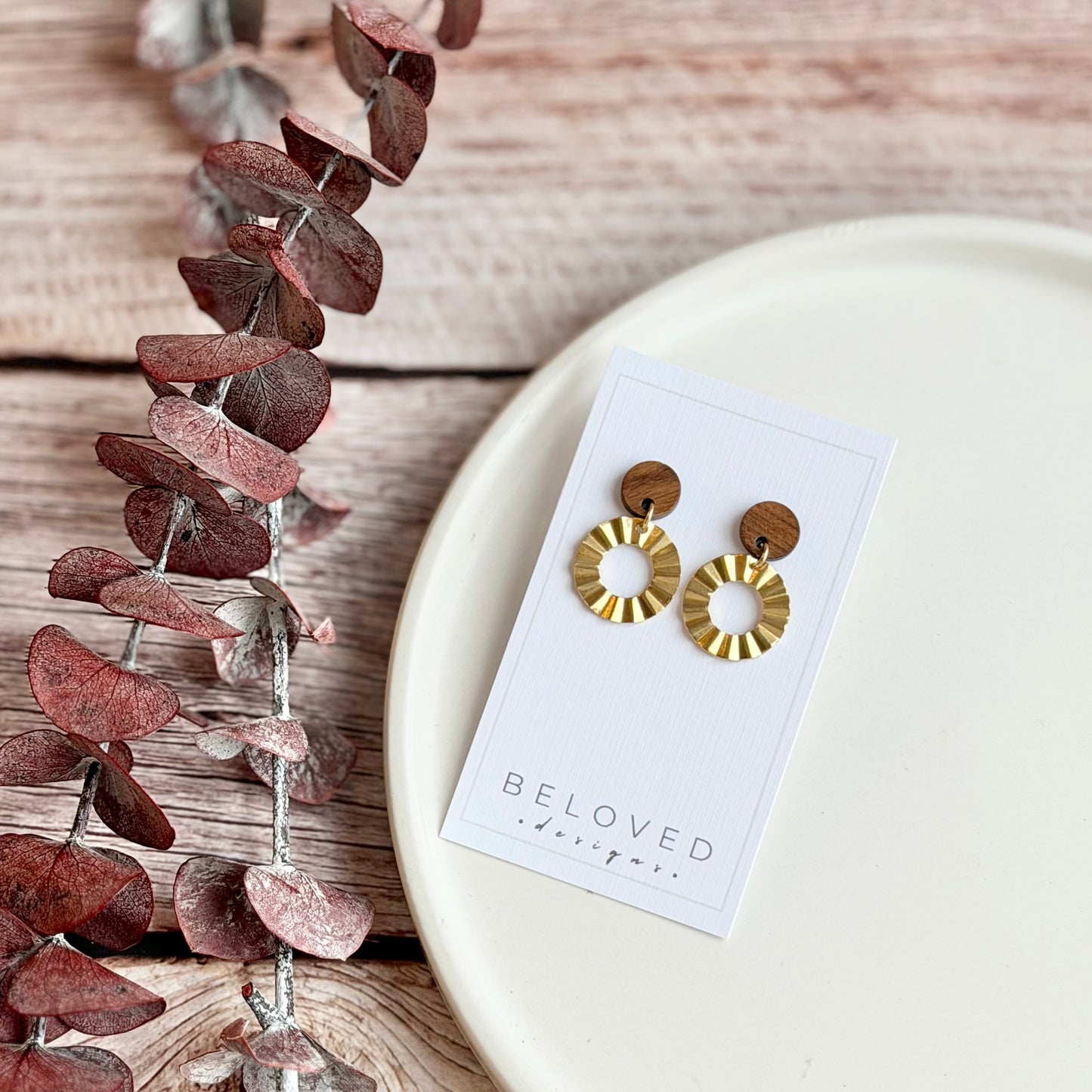 Brass Crinkle Hoop Stud Earrings