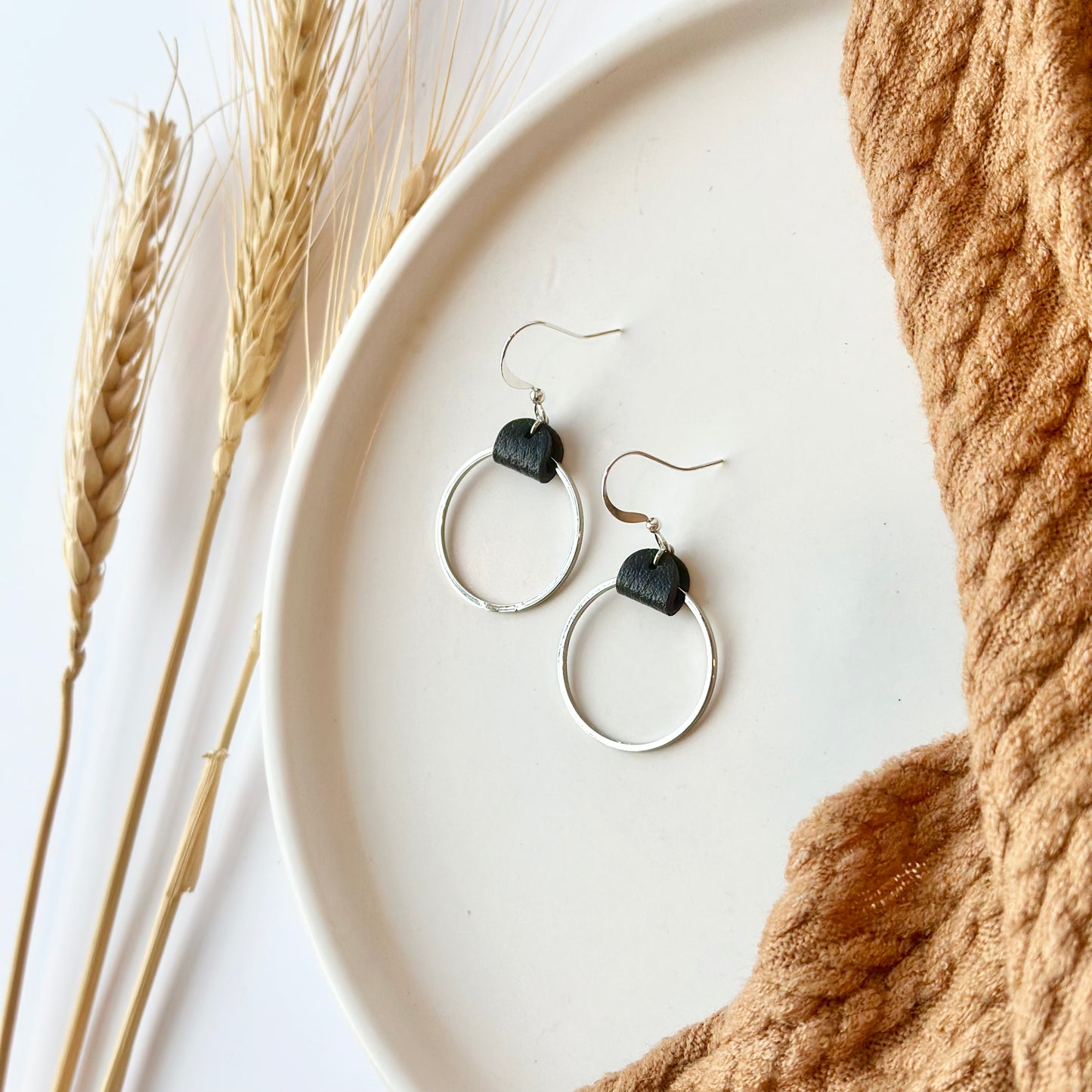 Black Leather + Rhodium Hoop Earrings - Medium