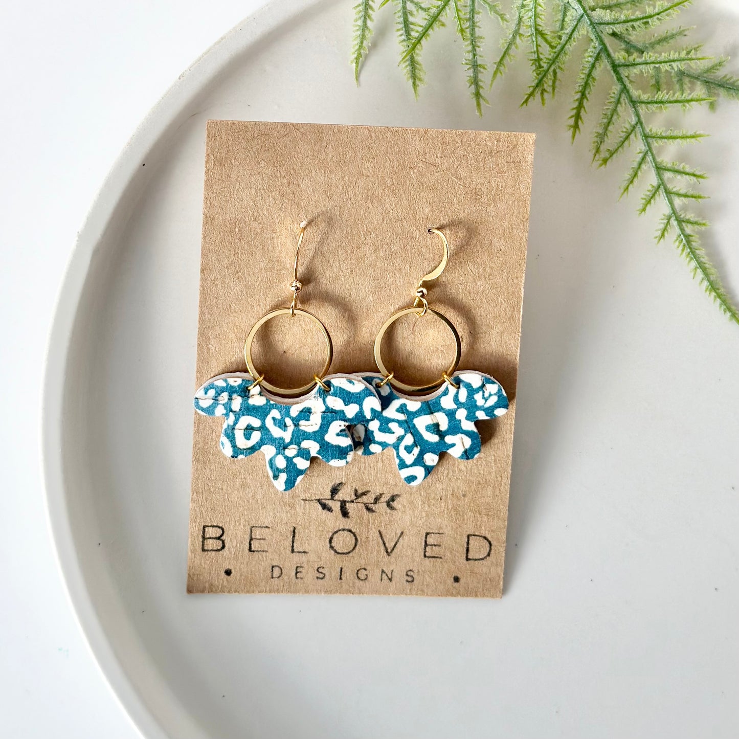 Teal Leopard Cork Leather Flower + Hoop Earrings