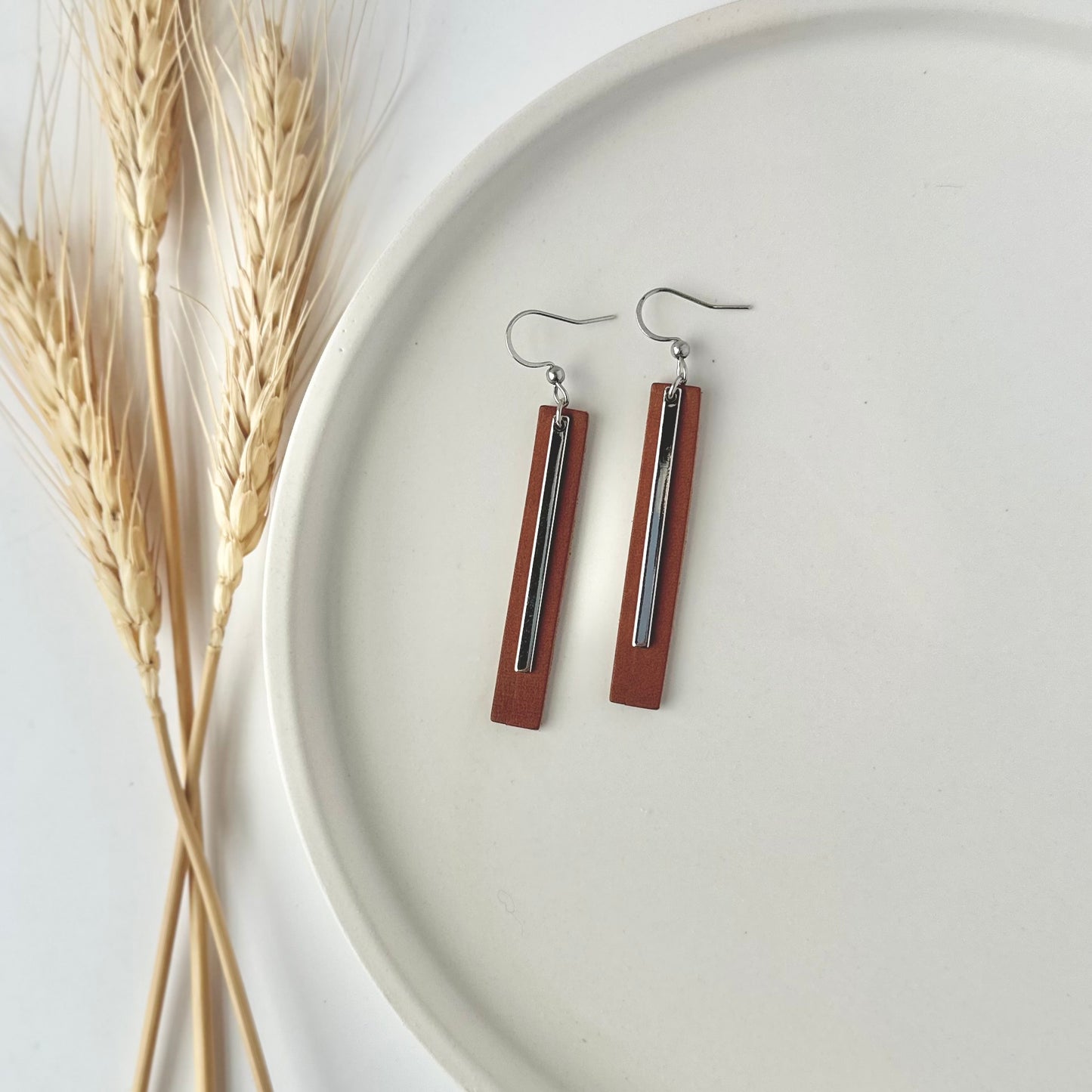 Cognac Leather Bar + Rhodium Bar Earrings