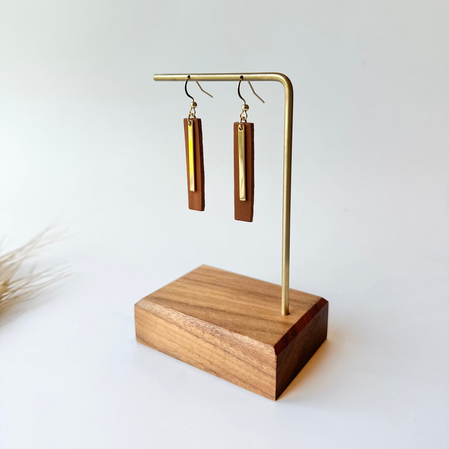 Cognac Leather Bar + Gold Bar Earrings