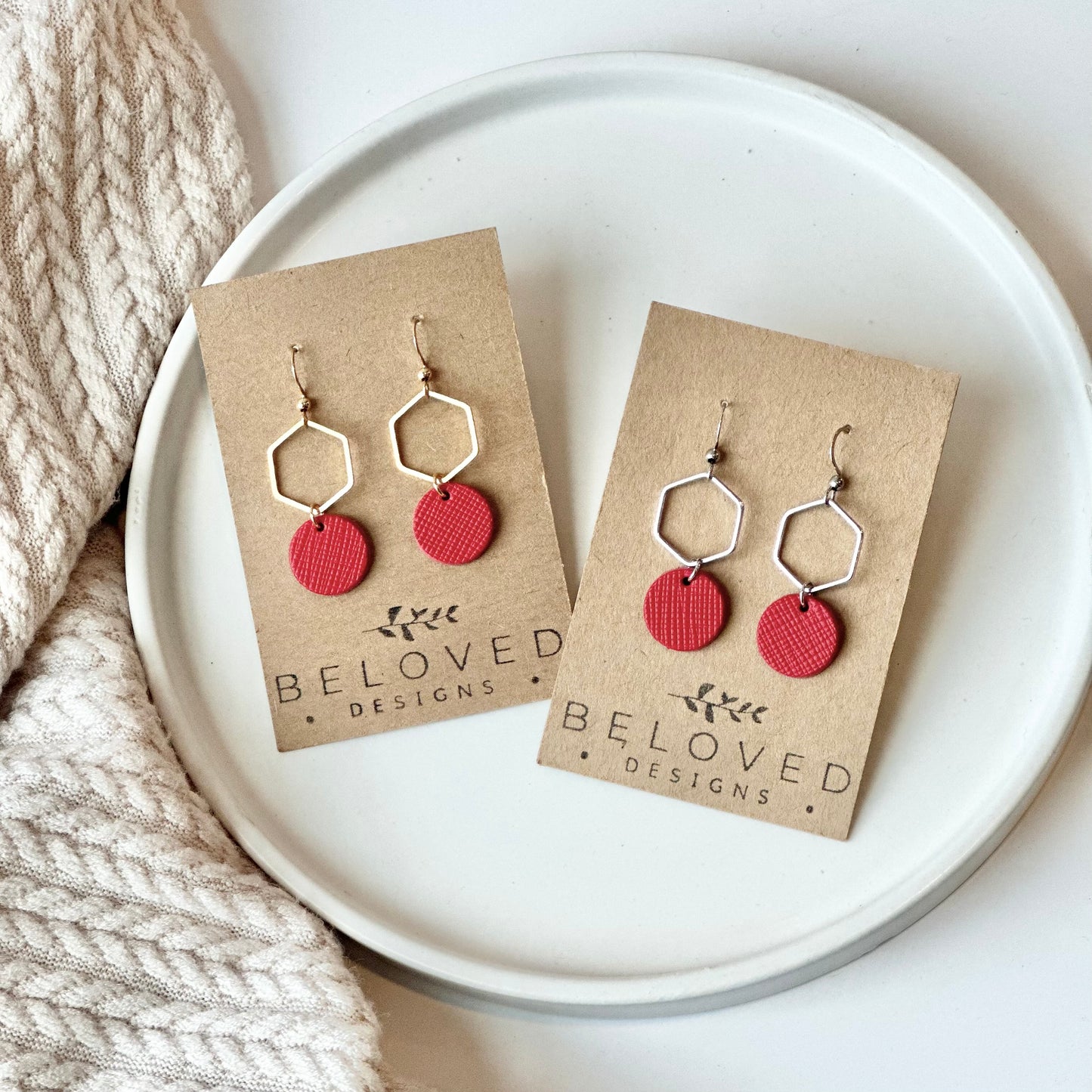 Cherry Red Leather + Hexagon Earrings