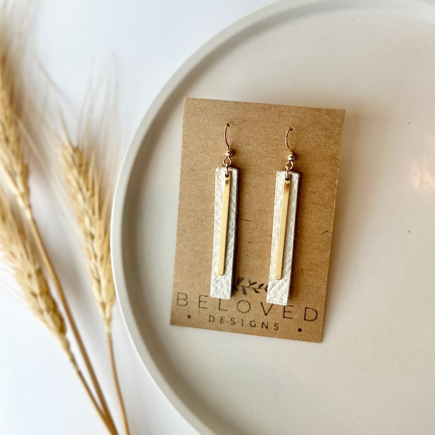 Cream Leather Bar + Gold Bar Earrings