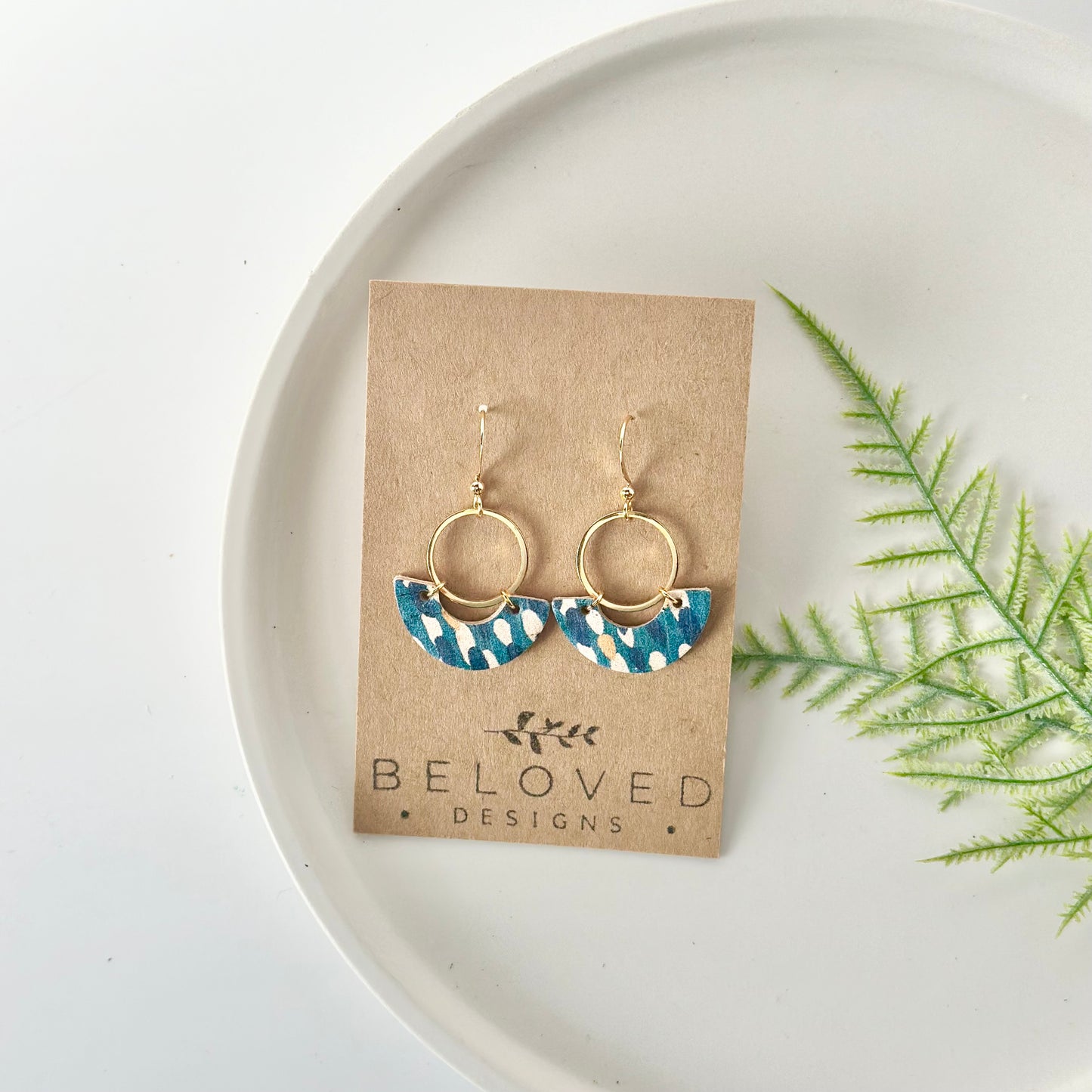 Abstract Teal Cork Leather Crescent + Hoop Earrings