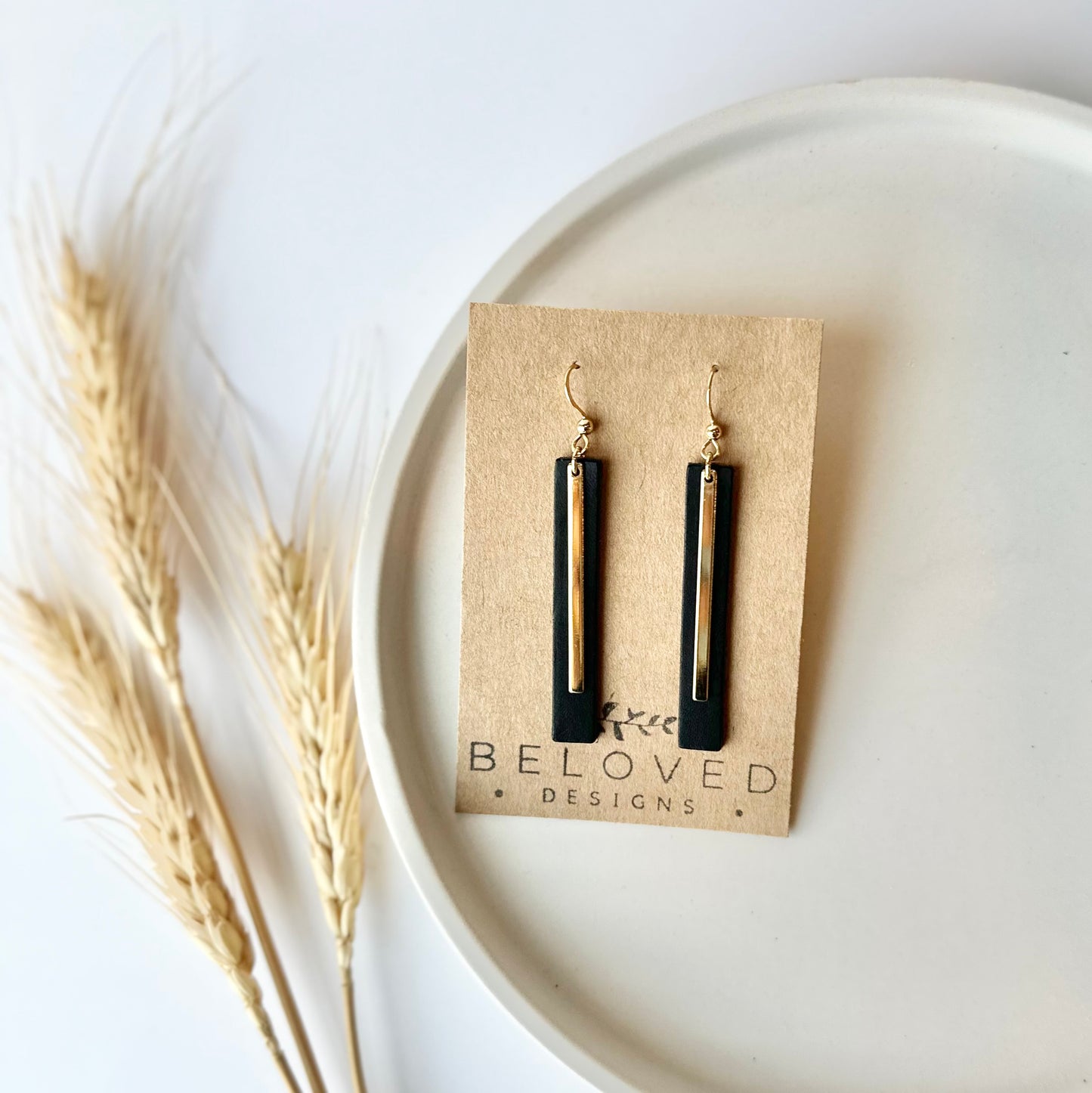 Black Leather Bar + Gold Bar Earrings