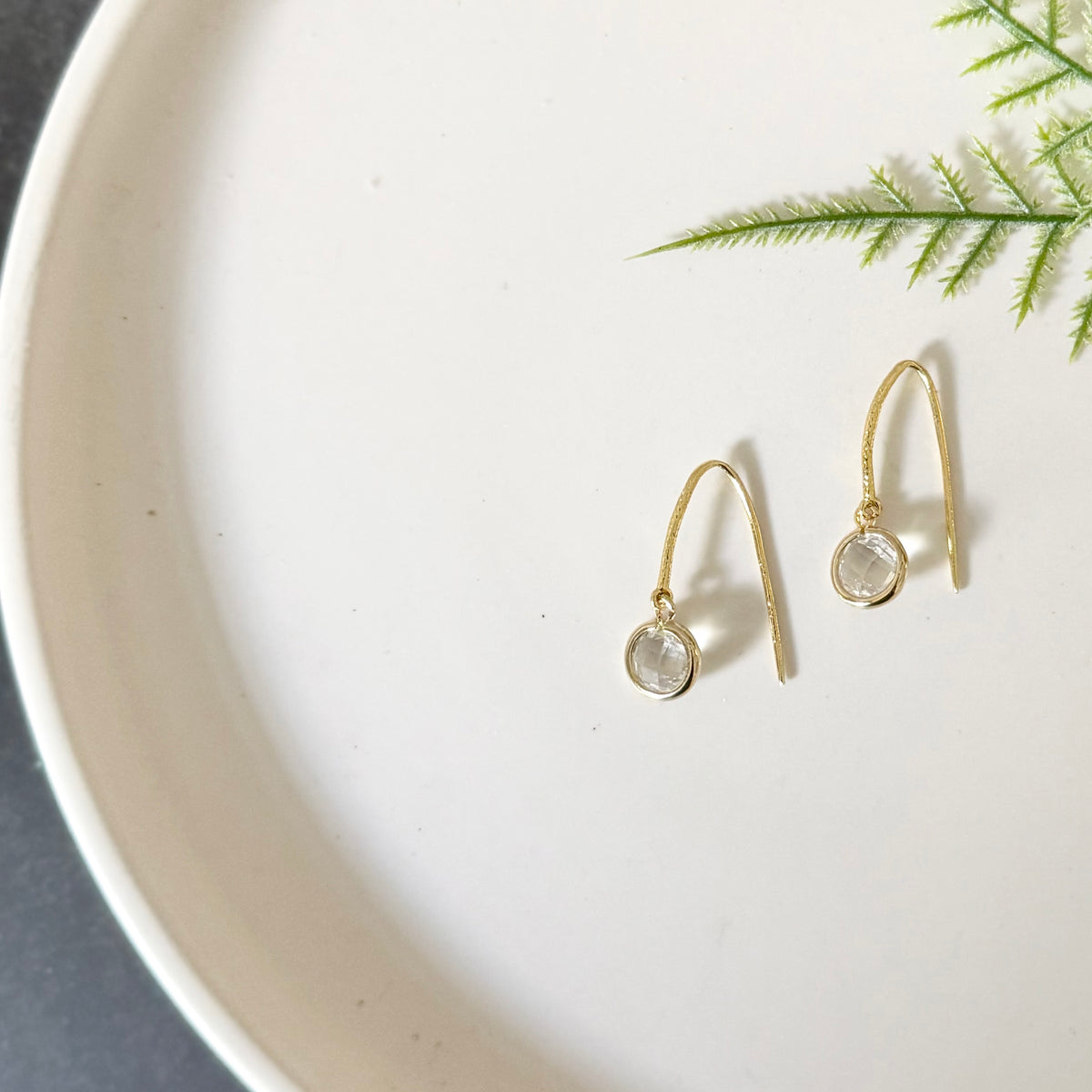 Fish Hook + Crystal Earrings | Gold