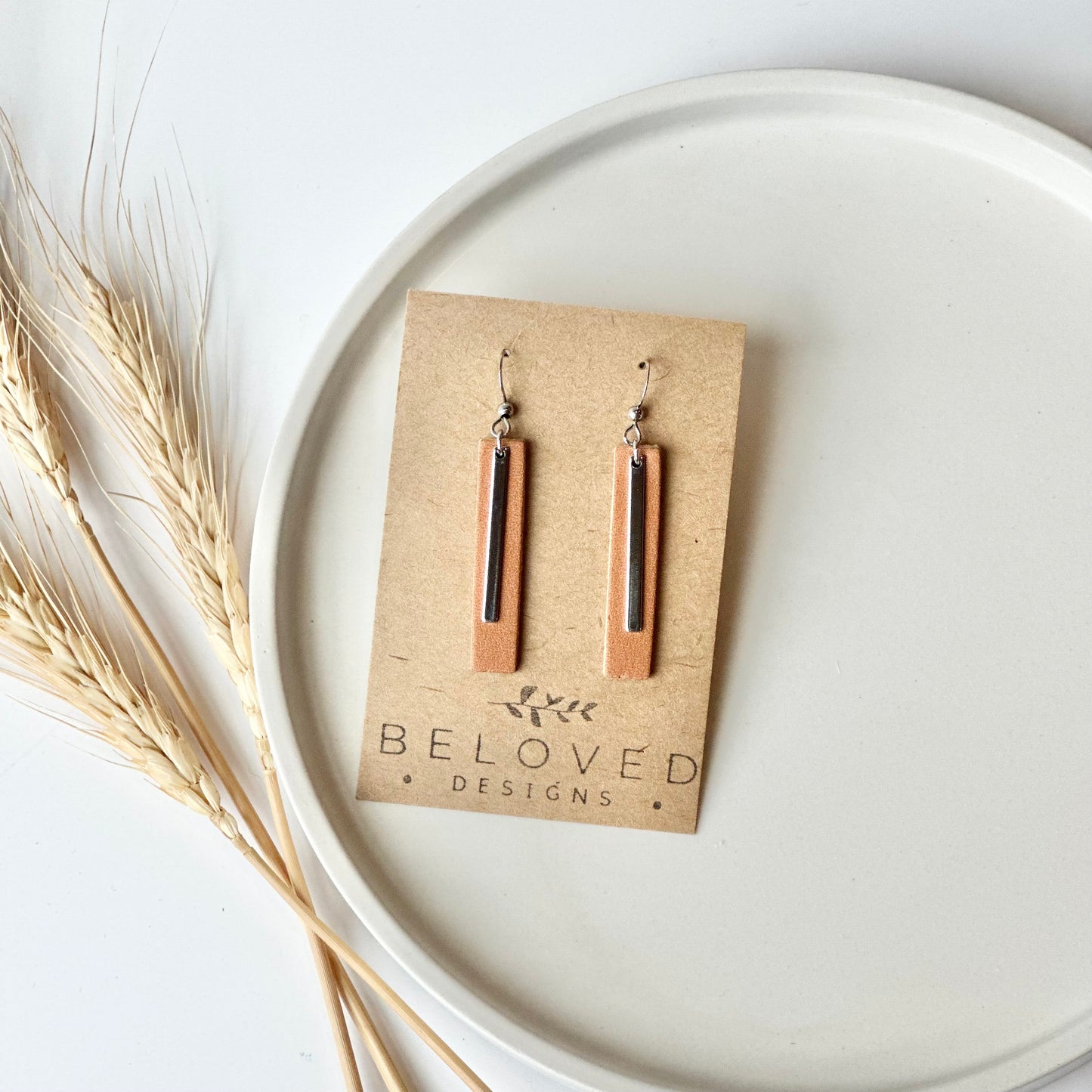 Natural Leather Bar + Rhodium Bar Earrings