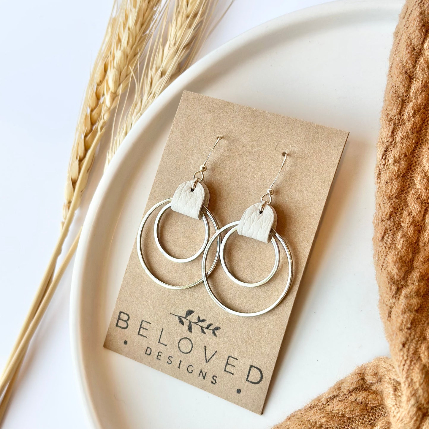 Cream Leather + Double Rhodium Hoop Earrings