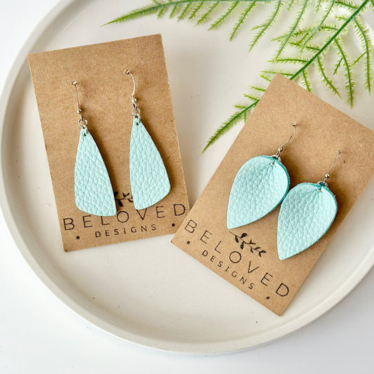 Mint Leather Leaf Earrings