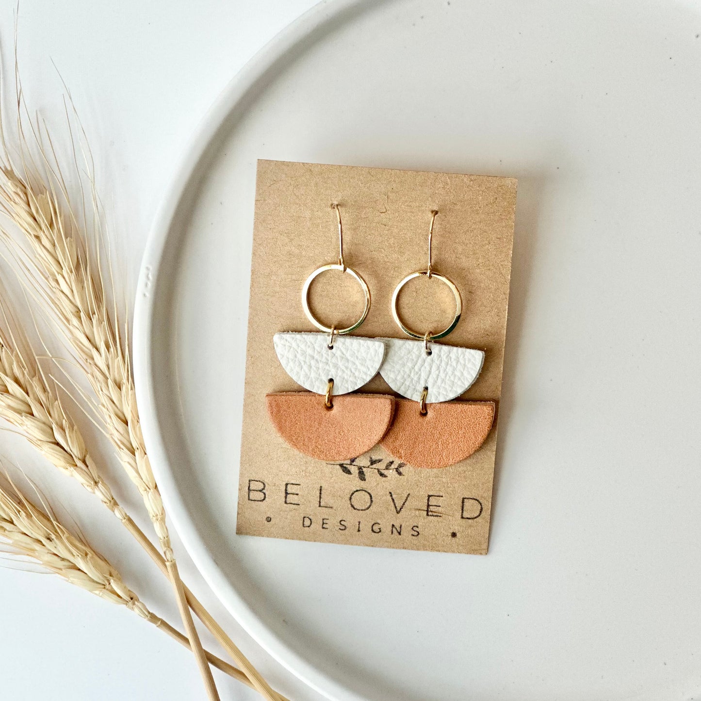 Natural + Cream Leather Half Circle + Hoop Earrings