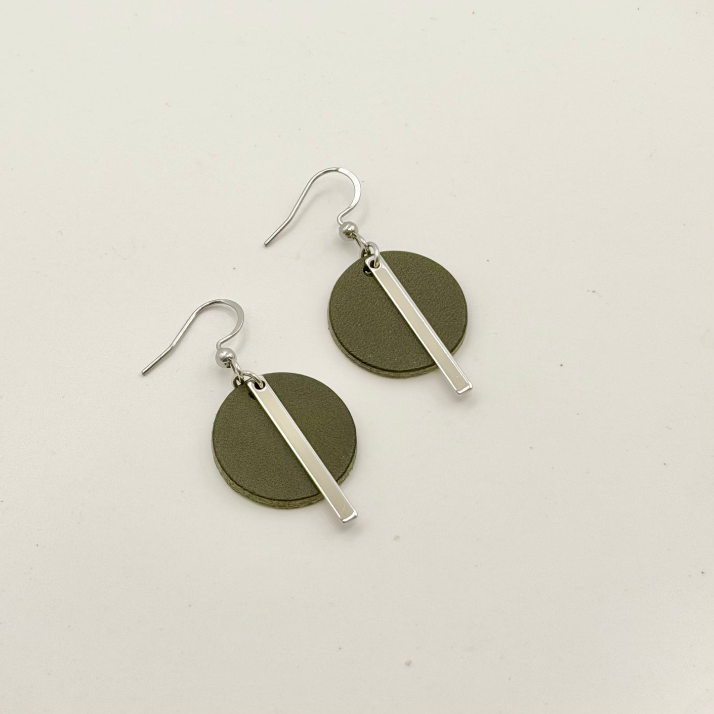 Leather Circle + Rhodium Bar Earrings | Olive
