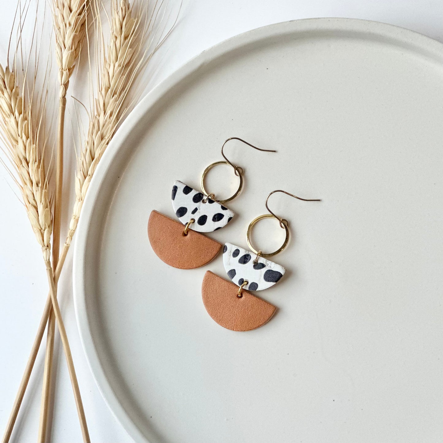 Dalmatian + Natural Leather Half Circle + Hoop Earrings