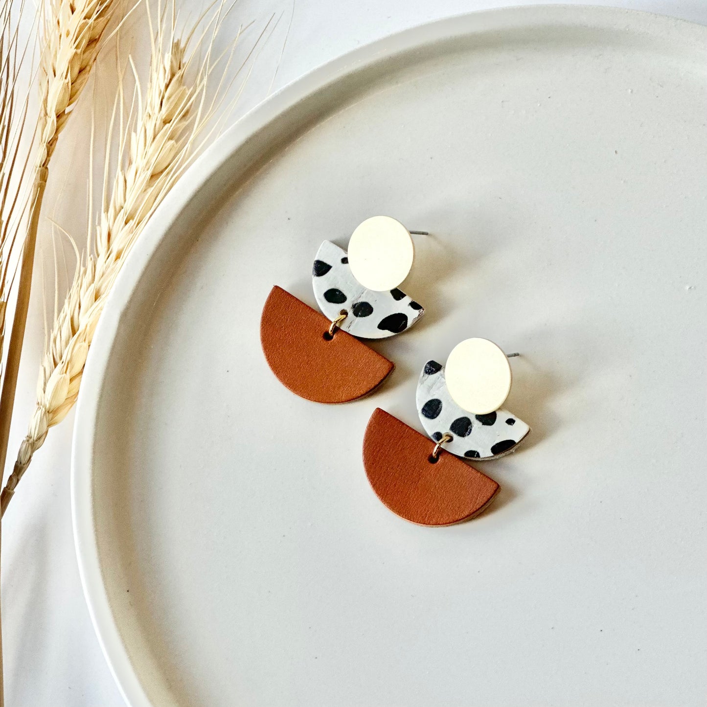 Dalmatian + Cognac Leather Double Half Circle + Gold Stud