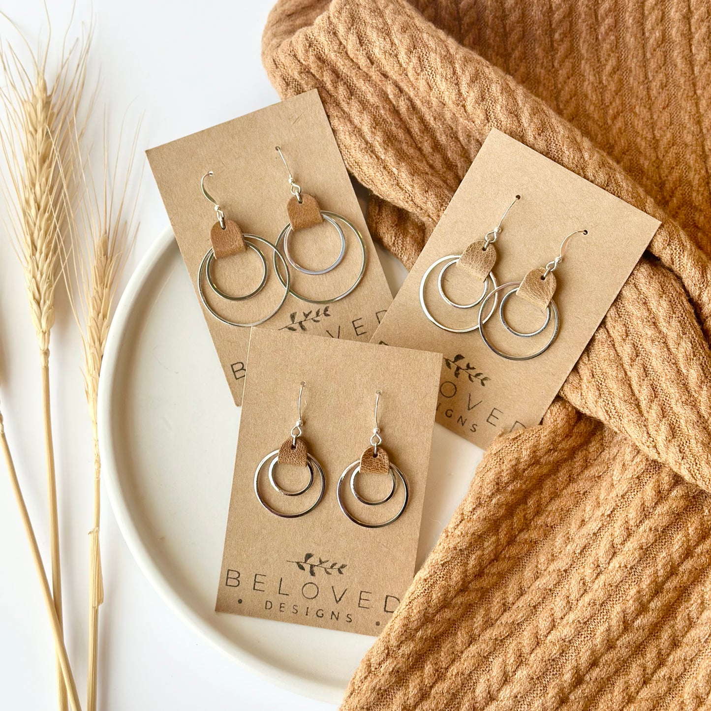 Camel Leather + Double Rhodium Hoop Earrings - Small