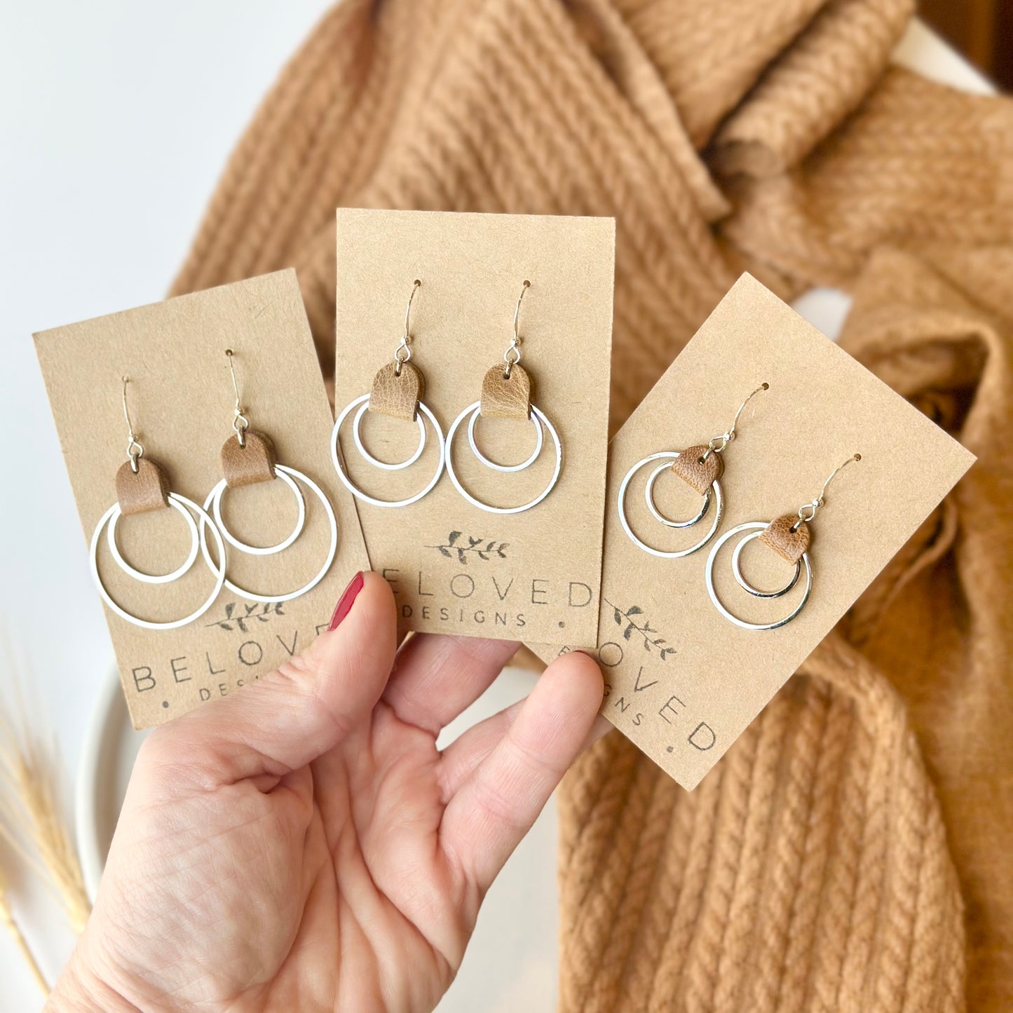 Camel Leather + Double Rhodium Hoop Earrings - Small