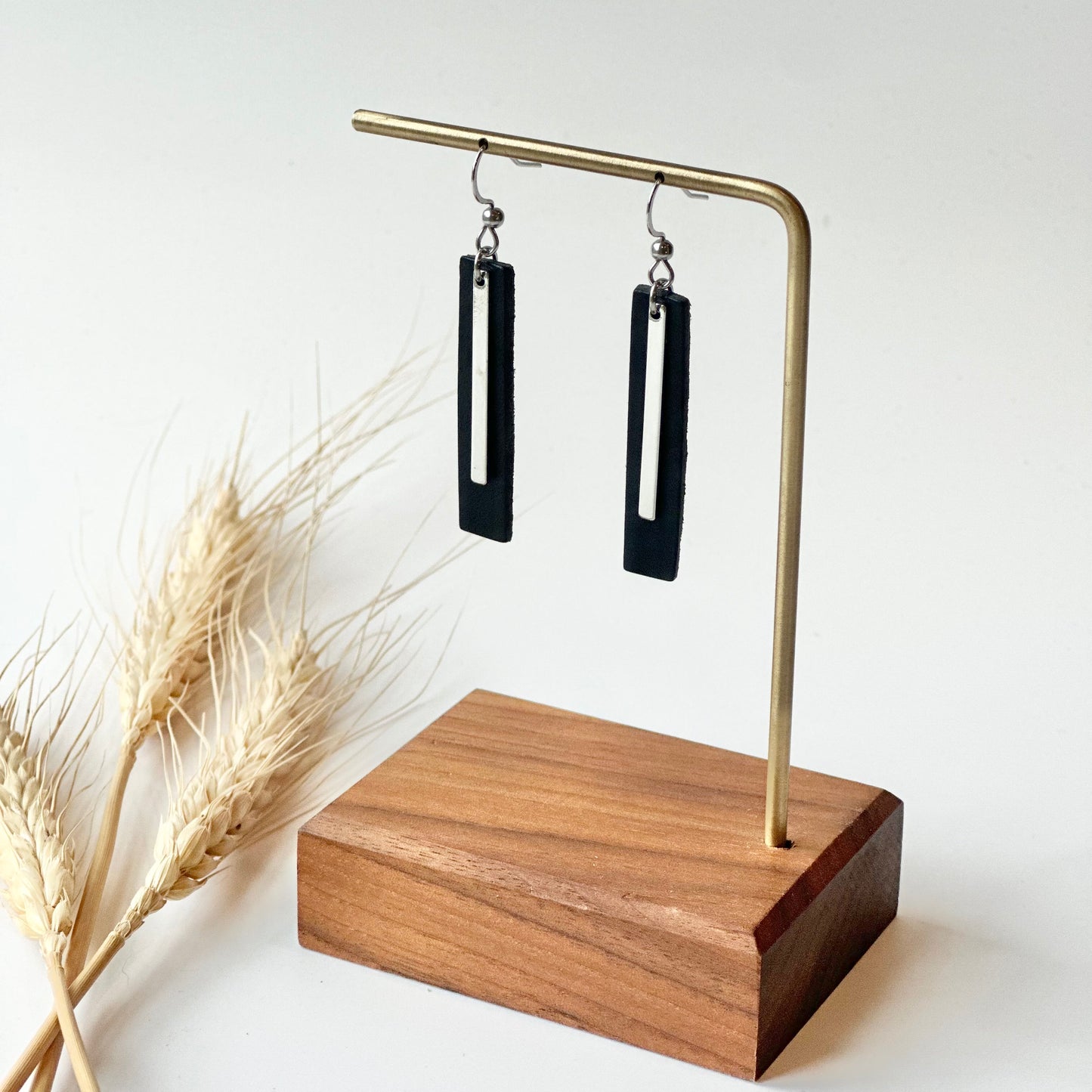 Black Leather Bar + Rhodium Bar Earrings