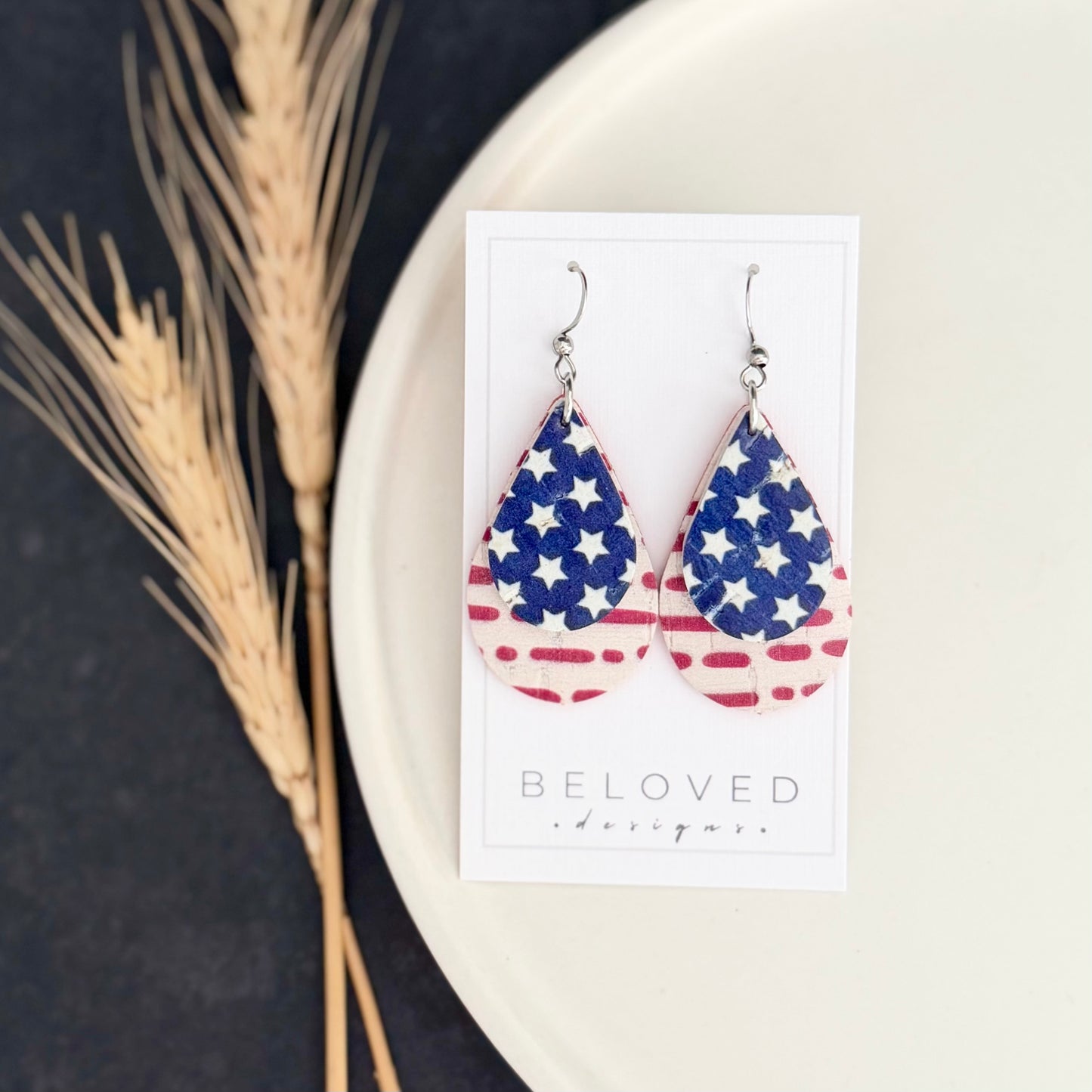 Cork Leather Double Teardrop Earrings | Stars + Dotted Stripes