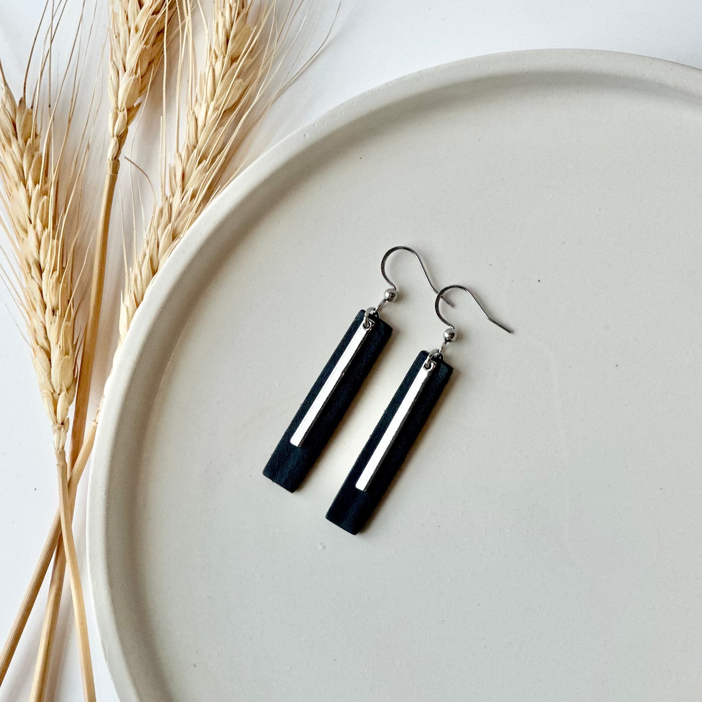 Black Leather Bar + Rhodium Bar Earrings