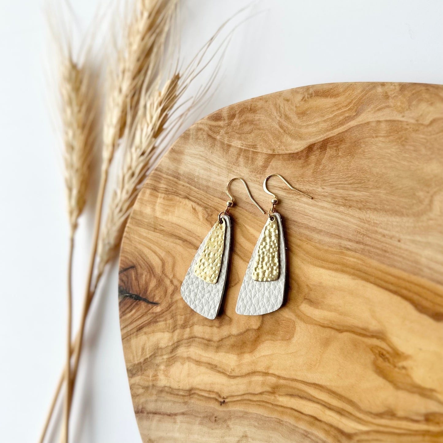 Cream Leather Drop Leaf + Hammered Brass Earrings