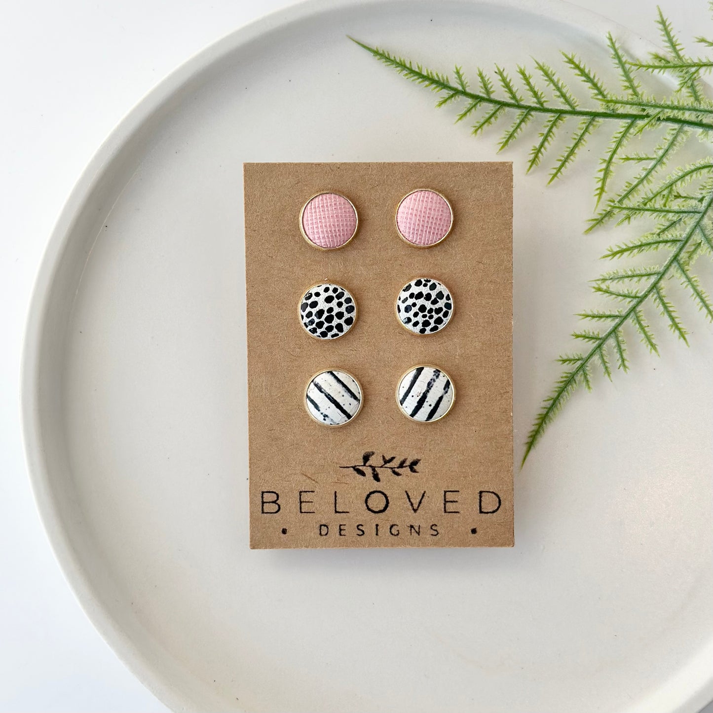 Trio Leather Stud Set - B + W Stripe | Mini Dalmatian | Blush Pink