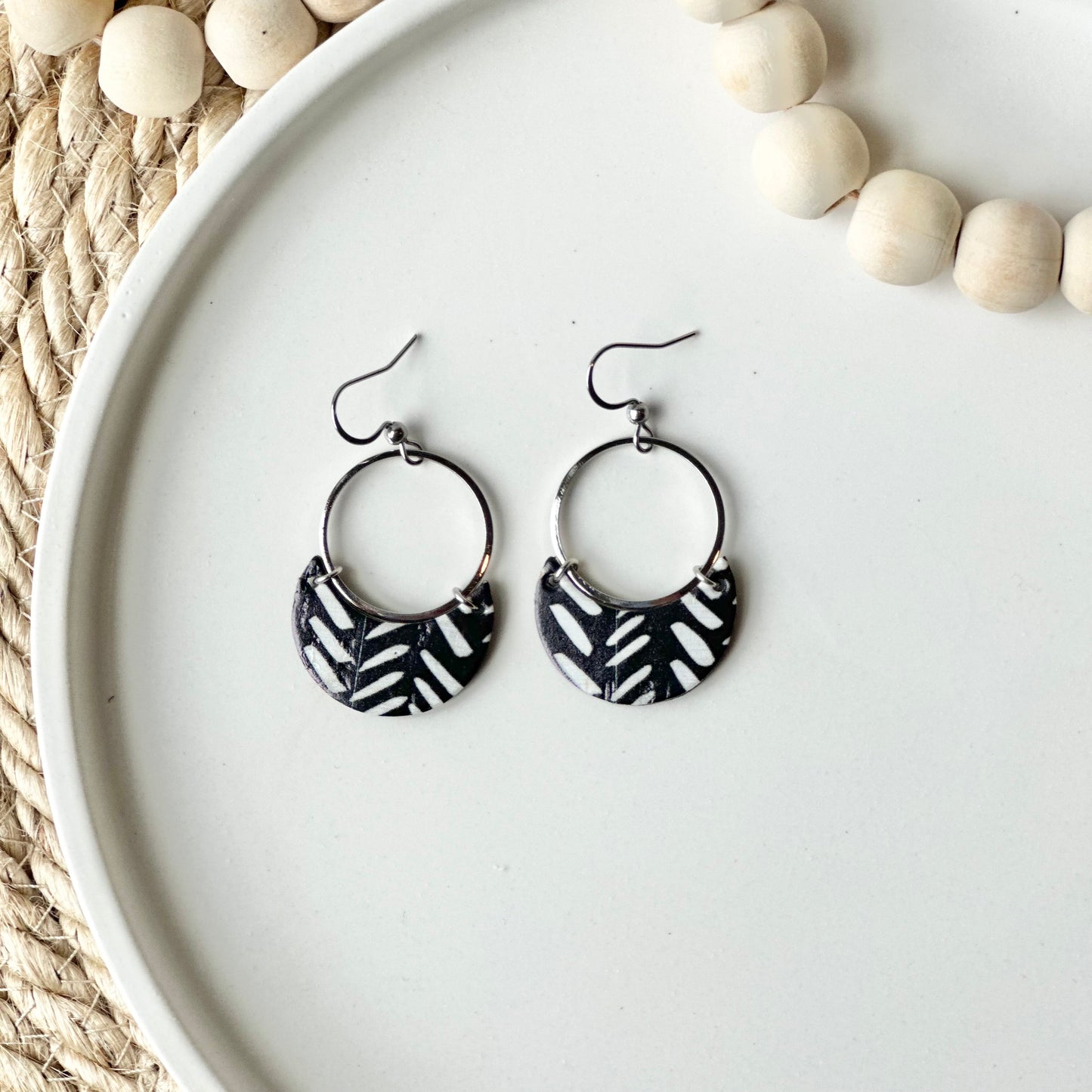 Black and White Chevron Cork Leather Crescent + Hoop Earrings