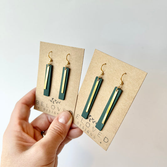 Deep Teal Leather Bar + Gold Bar Earrings