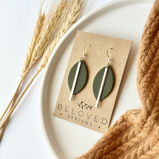 Olive Leather Leaf + Rhodium Bar Earrings