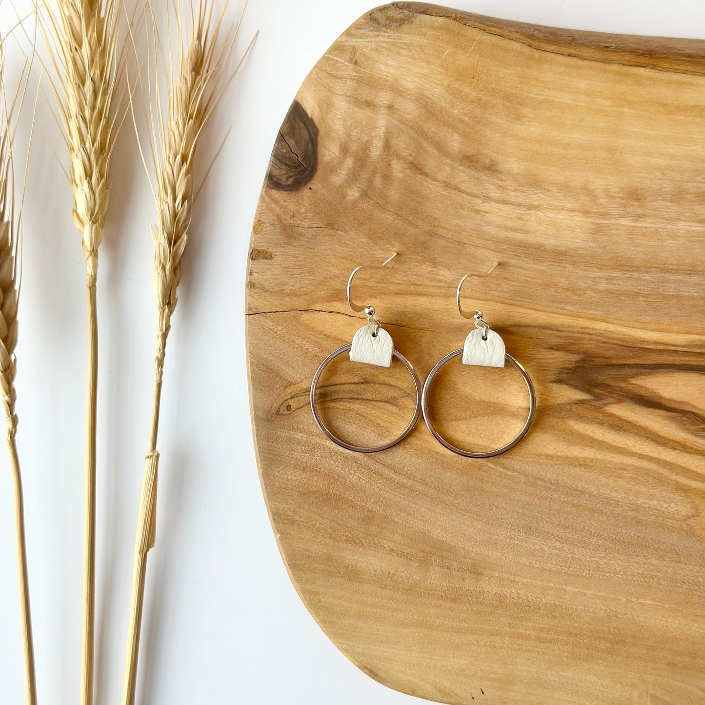 Cream Leather + Rhodium Hoop Earrings - Medium