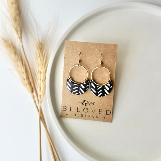 Black and White Chevron Cork Leather Crescent + Hoop Earrings