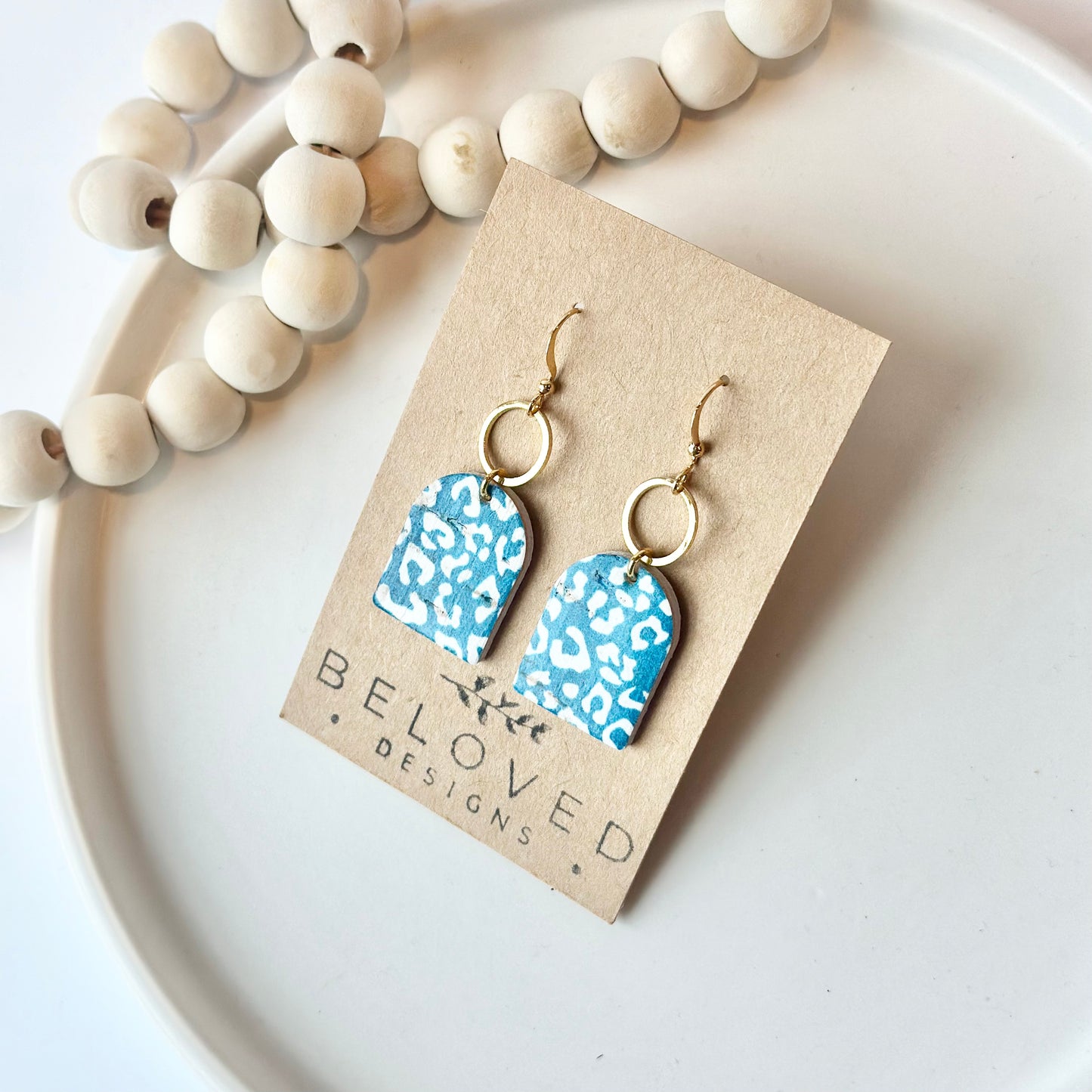 Teal Leopard Cork Leather Arch + Hoop Earrings