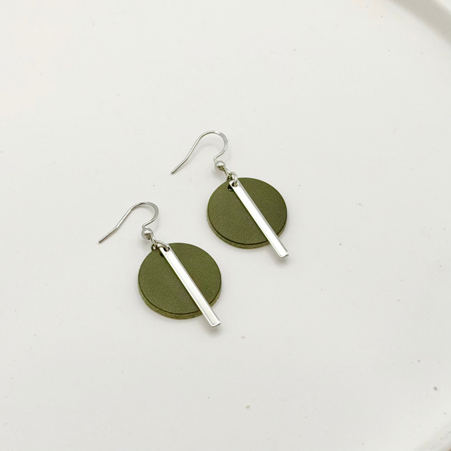Leather Circle + Rhodium Bar Earrings | Olive