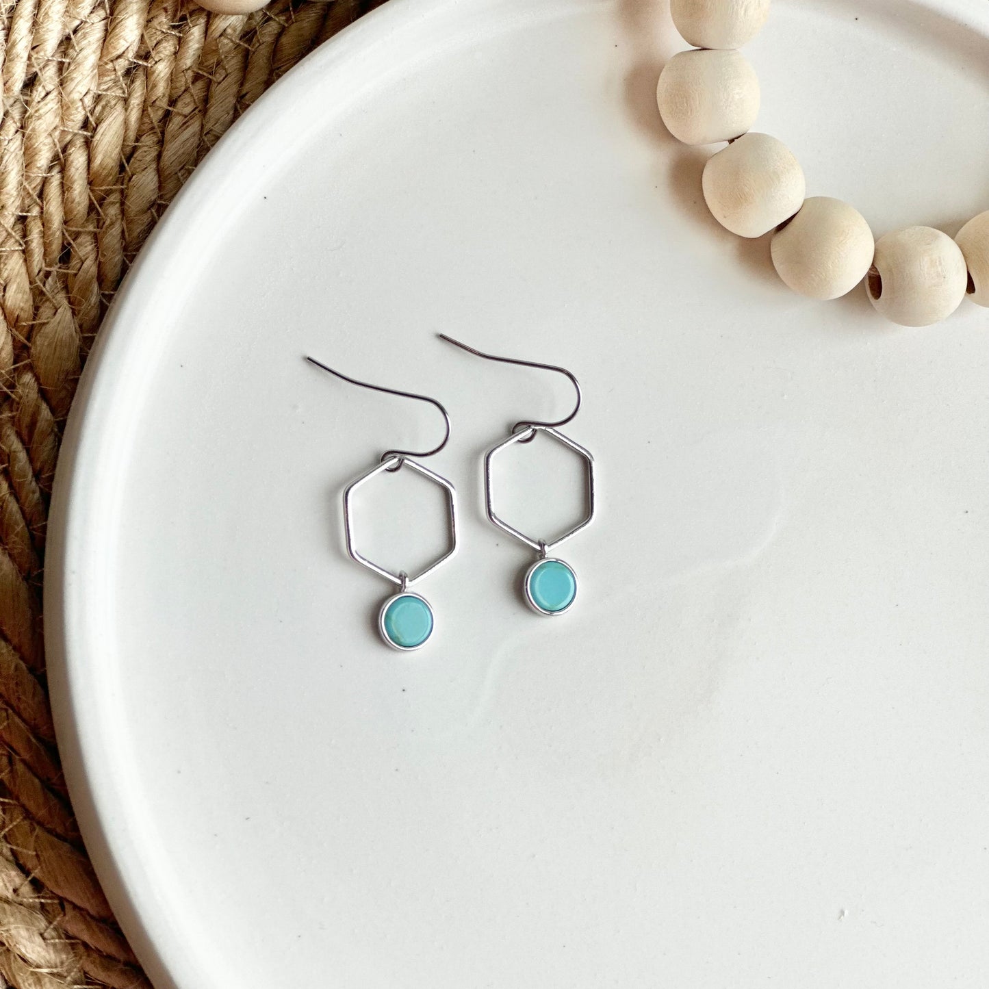 Rhodium Hexagon + Howlite Earrings