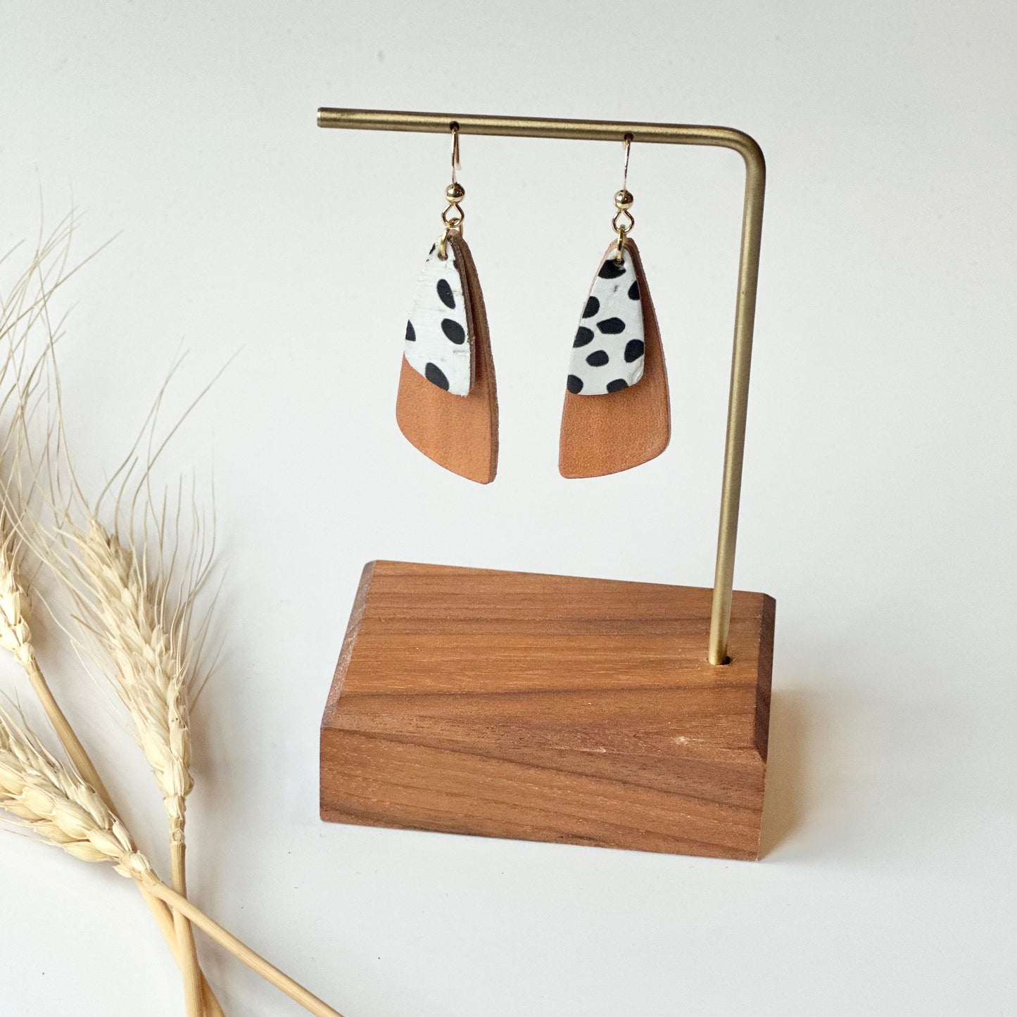 Natural Leather + Dalmatian Cork Drop Leaf Earrings