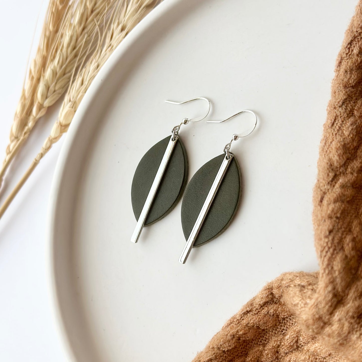 Olive Leather Leaf + Rhodium Bar Earrings