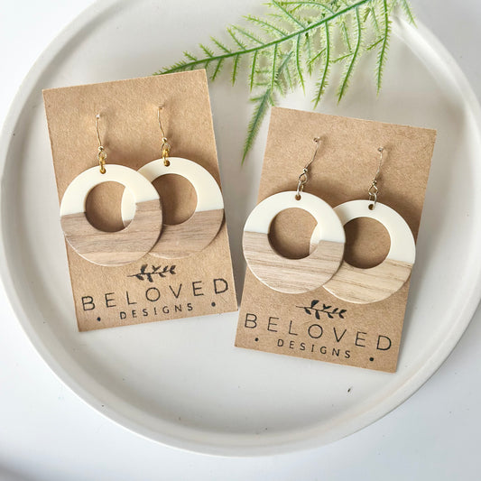 Large White Hoop Resin + Light Wood Earrings