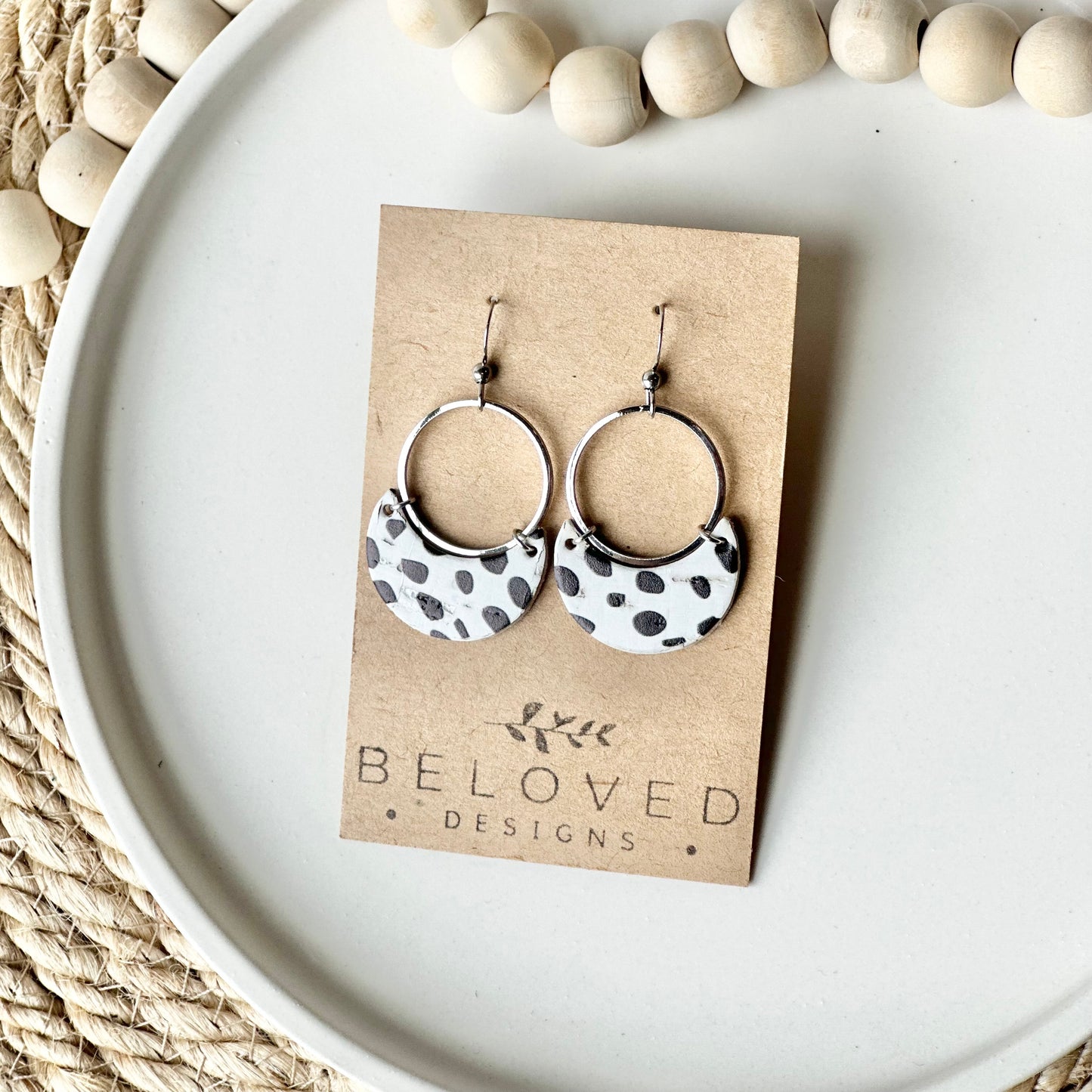 Dalmatian Cork Leather Crescent + Hoop Earrings